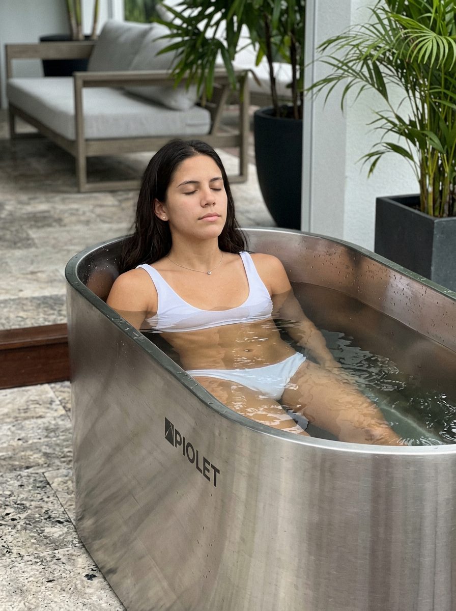 Person immersed in the PIOLET Steel stainless steel ice bath on an outdoor terrace