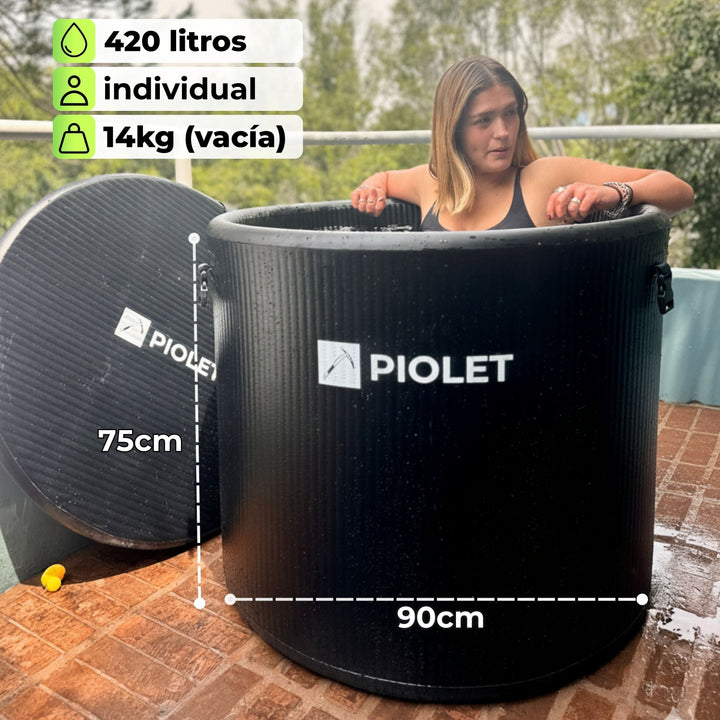 Medidas de la tina PIOLET Pint: 420 litros, uso individual, 14 kg vacía, 75 cm de alto y 90 cm de diámetro