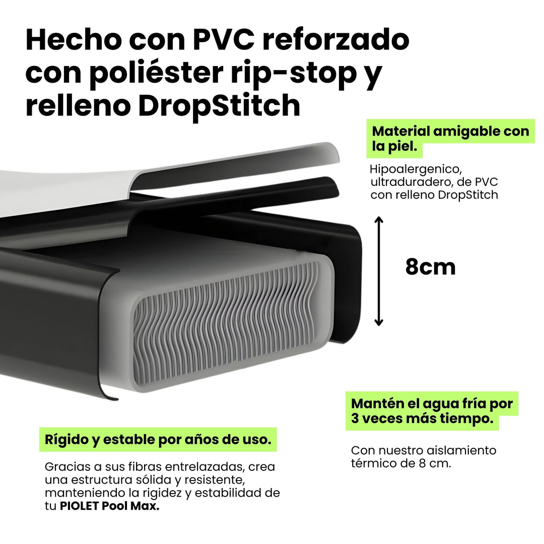 Materiales de la PIOLET Pool MAX: PVC ultraduradero con relleno DropStitch y aislamiento de 8 cm