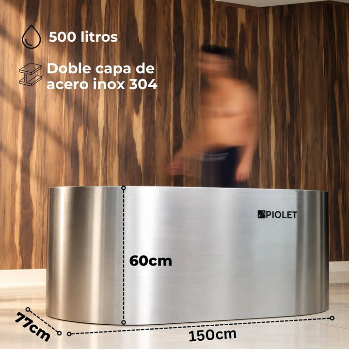 Medidas de la tina PIOLET Steel: 500 litros, 150 x 77 x 60 cm, doble capa de acero inoxidable 304