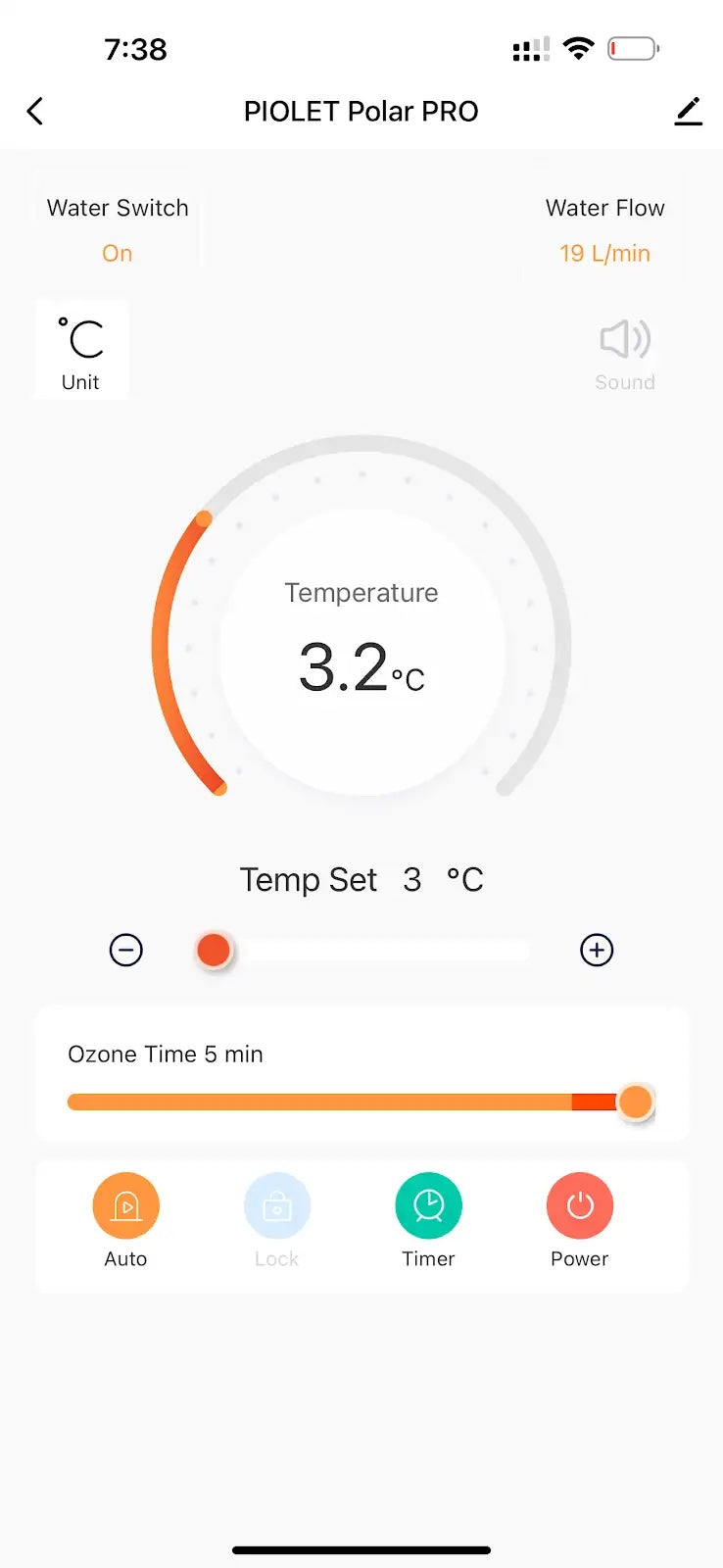 Pantalla de la app de Polar PRO con la temperatura del agua